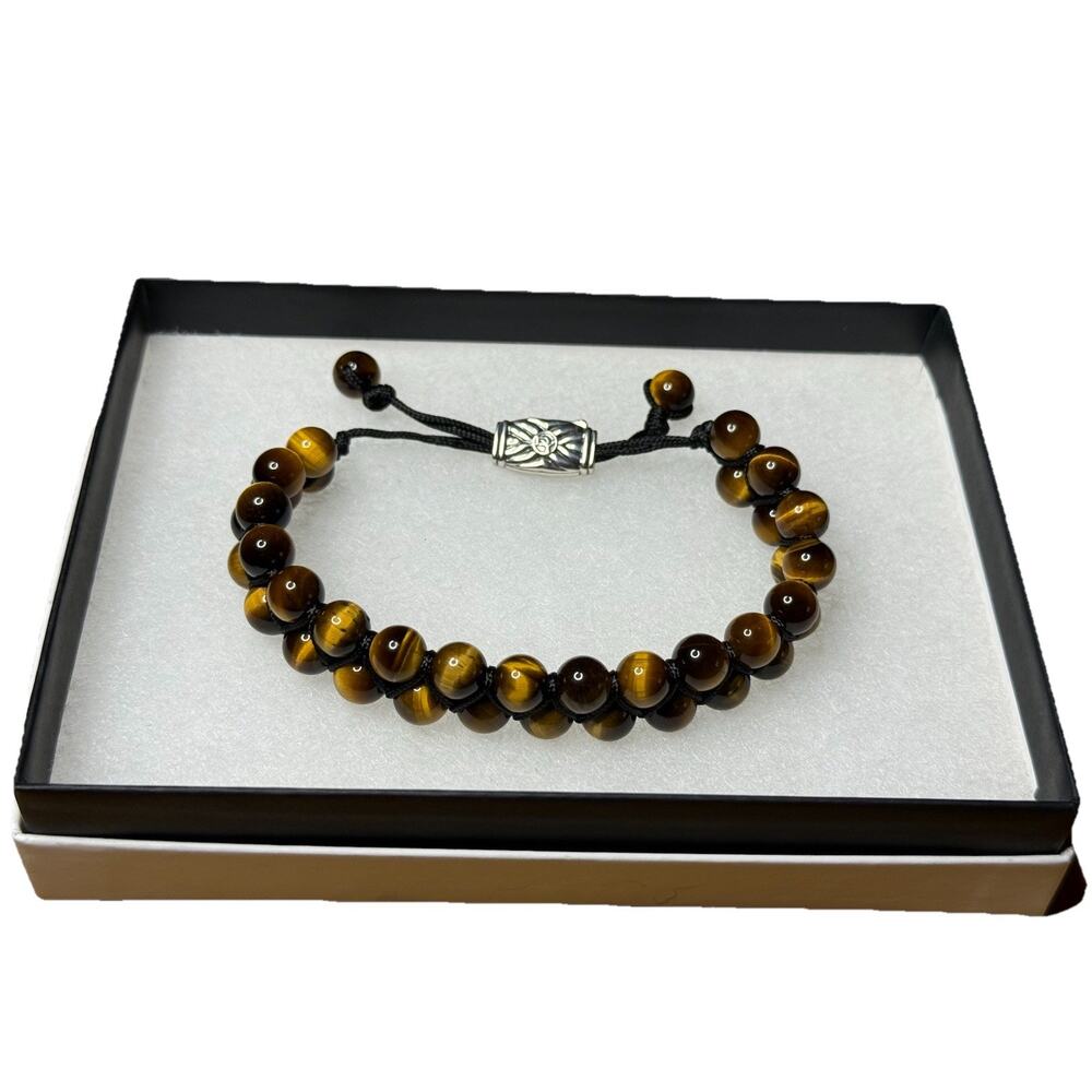David Yurman Mens Spiritual Beads Two Row Tiger’s Eye Bracelet Adjustable Silver